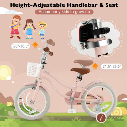 16 Inch Kids Bike with Front Handbrake and 2 Training Wheels-Pink