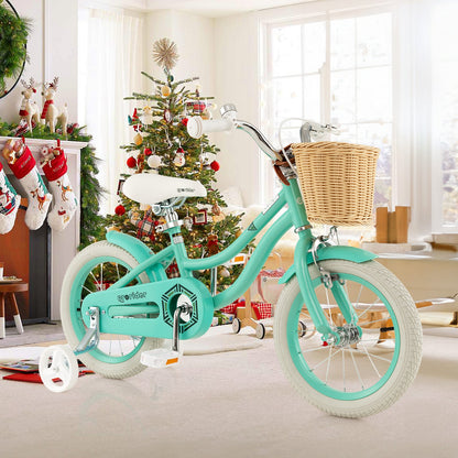14-Inch Kids Bike with Training Wheels and Adjustable Handlebar Seat-Green