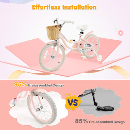 18-Inch Kids Bike with Training Wheels and Adjustable Handlebar Seat-Pink