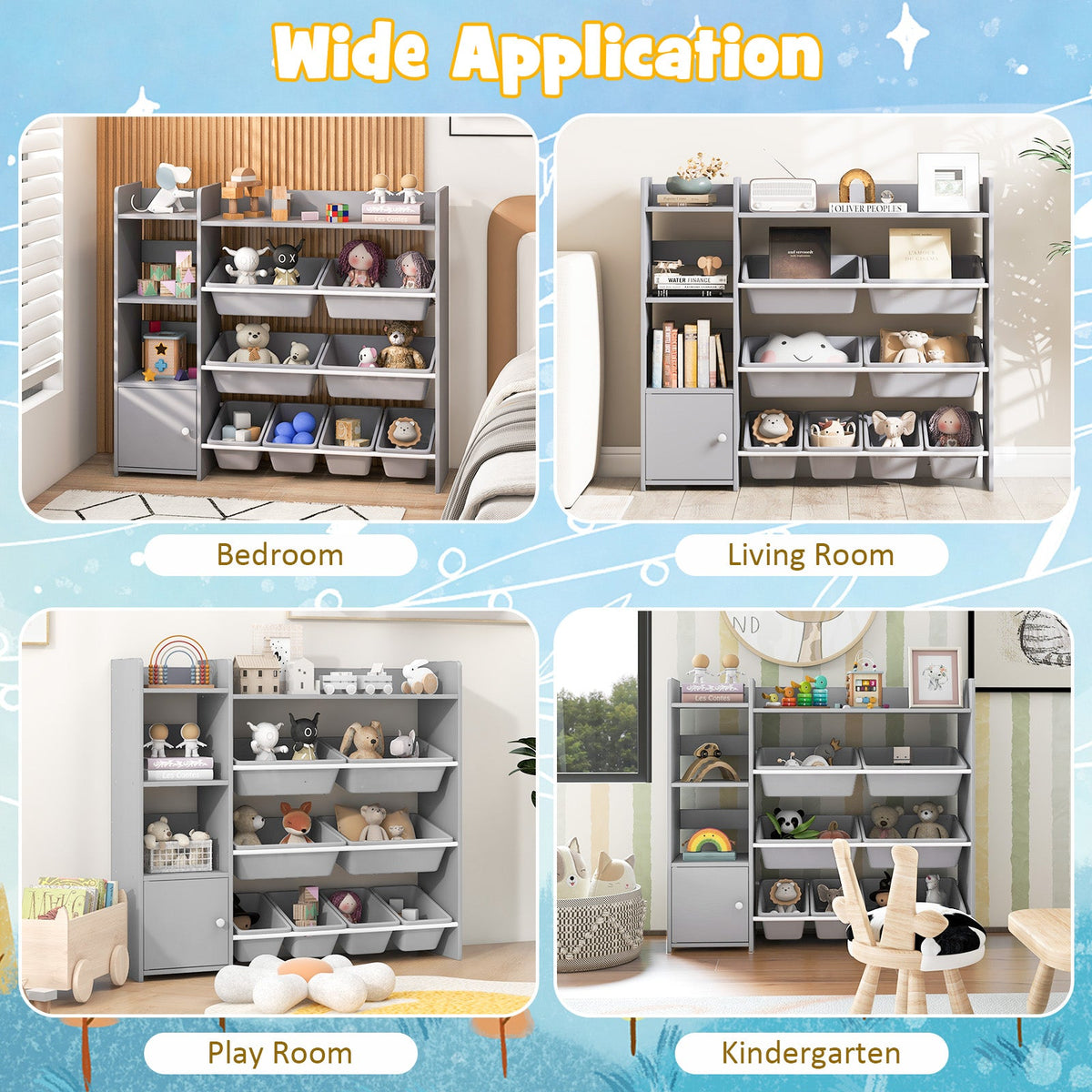 4-Tier Kids Bookshelf and Toy Storage Rack with 8 Toy Organizer Bins-Grey