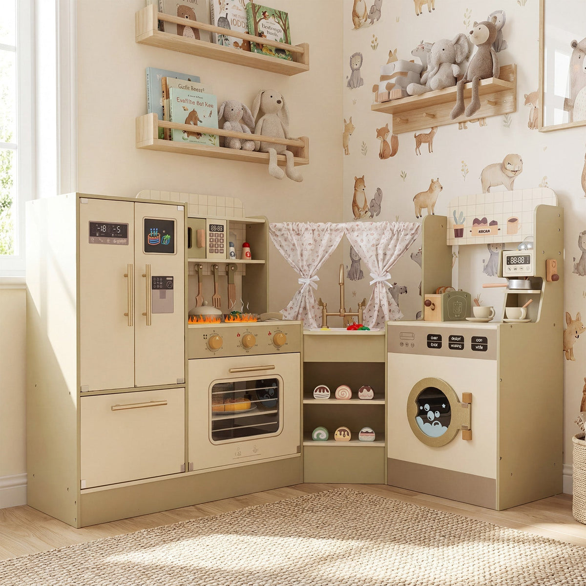 Kids Corner Play Kitchen with Faucet and Dishwasher and Stoves-Green