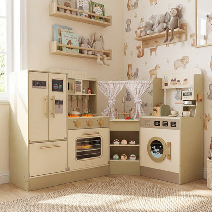 Kids Corner Play Kitchen with Faucet and Dishwasher and Stoves-Green