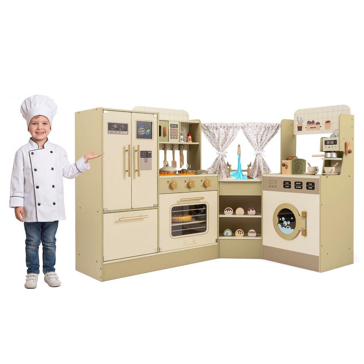 Kids Corner Play Kitchen with Faucet and Dishwasher and Stoves-Green