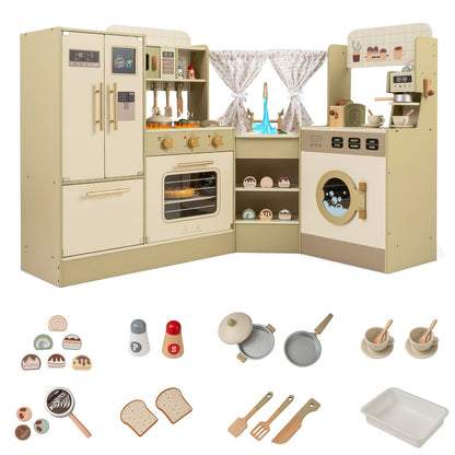 Kids Corner Play Kitchen with Faucet and Dishwasher and Stoves-Green