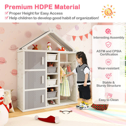 Kids Costume Storage Closet with Storage Bins and Shelves and Side Baskets for Kids Room-Gray
