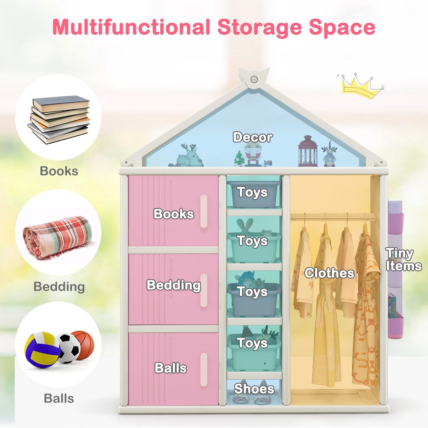 Kids Costume Storage Closet with Storage Bins and Shelves and Side Baskets for Kids Room-Pink