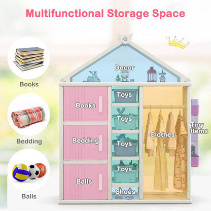 Kids Costume Storage Closet with Storage Bins and Shelves and Side Baskets for Kids Room-Pink