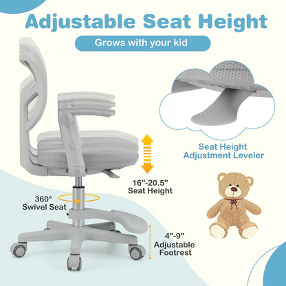 Kids Desk Chair Children Study Chair with Adjustable Height Armrest and Footrest