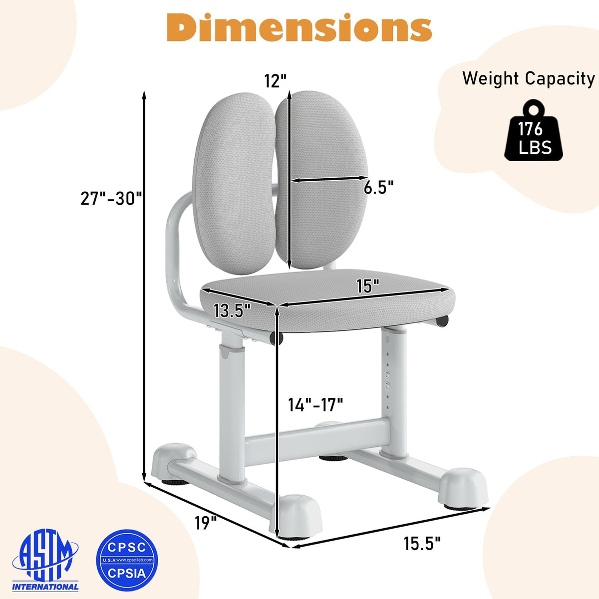 Kids Desk Chair Children Study Chair with Double Back Support and Adjustable Height