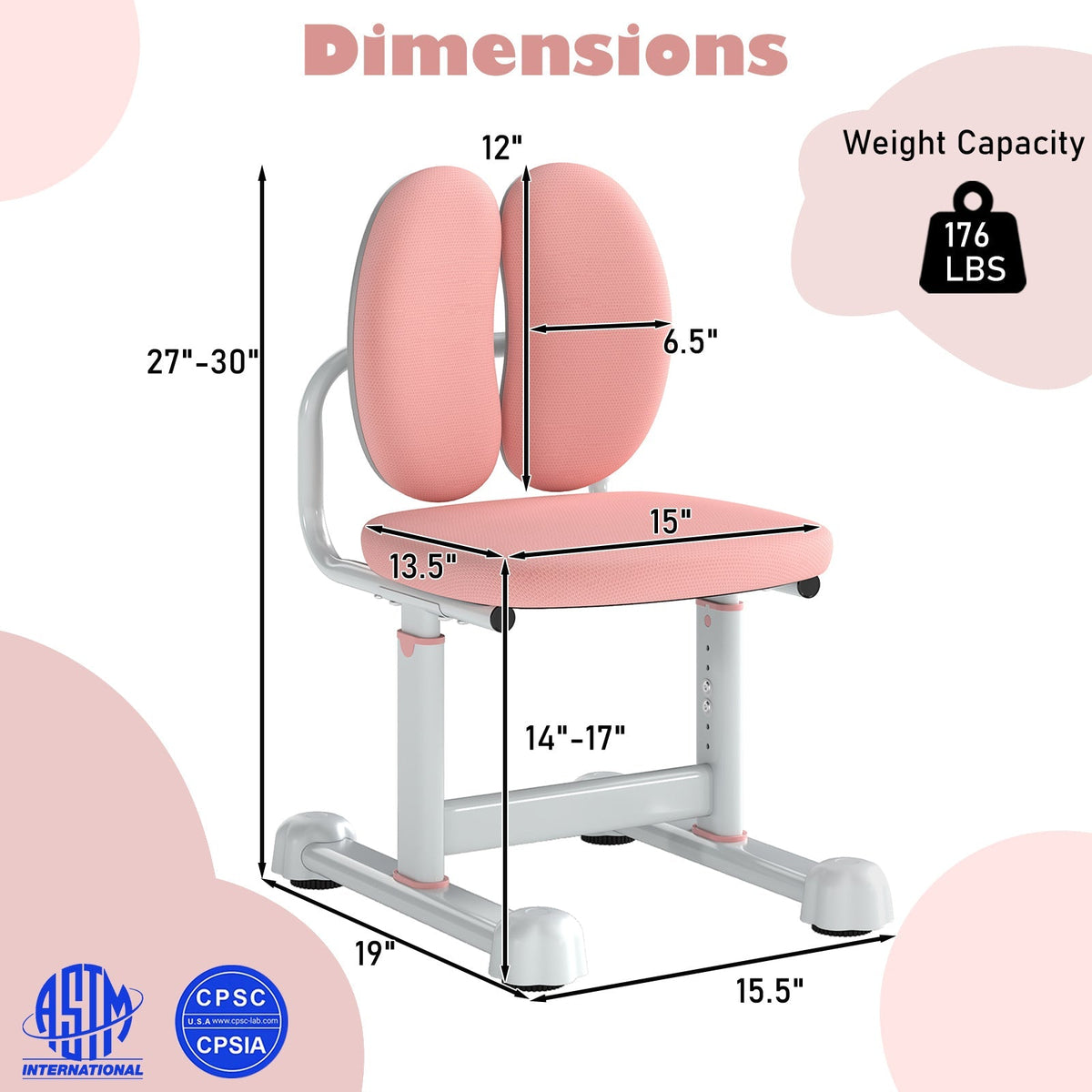 Kids Desk Chair Children Study Chair with Double Back Support and Adjustable Height