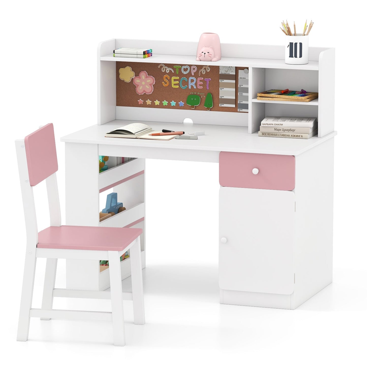 Kids Desk and Chair Set with Hutch and 3-Layer Side Shelf