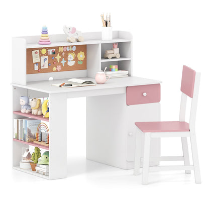 Kids Desk and Chair Set with Hutch and 3-Layer Side Shelf