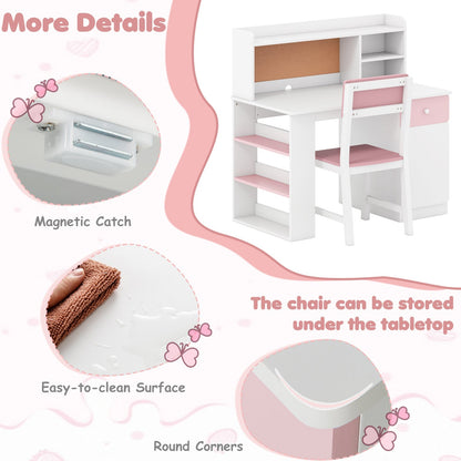 Kids Desk and Chair Set with Hutch and 3-Layer Side Shelf