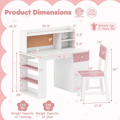 Kids Desk and Chair Set with Hutch and 3-Layer Side Shelf