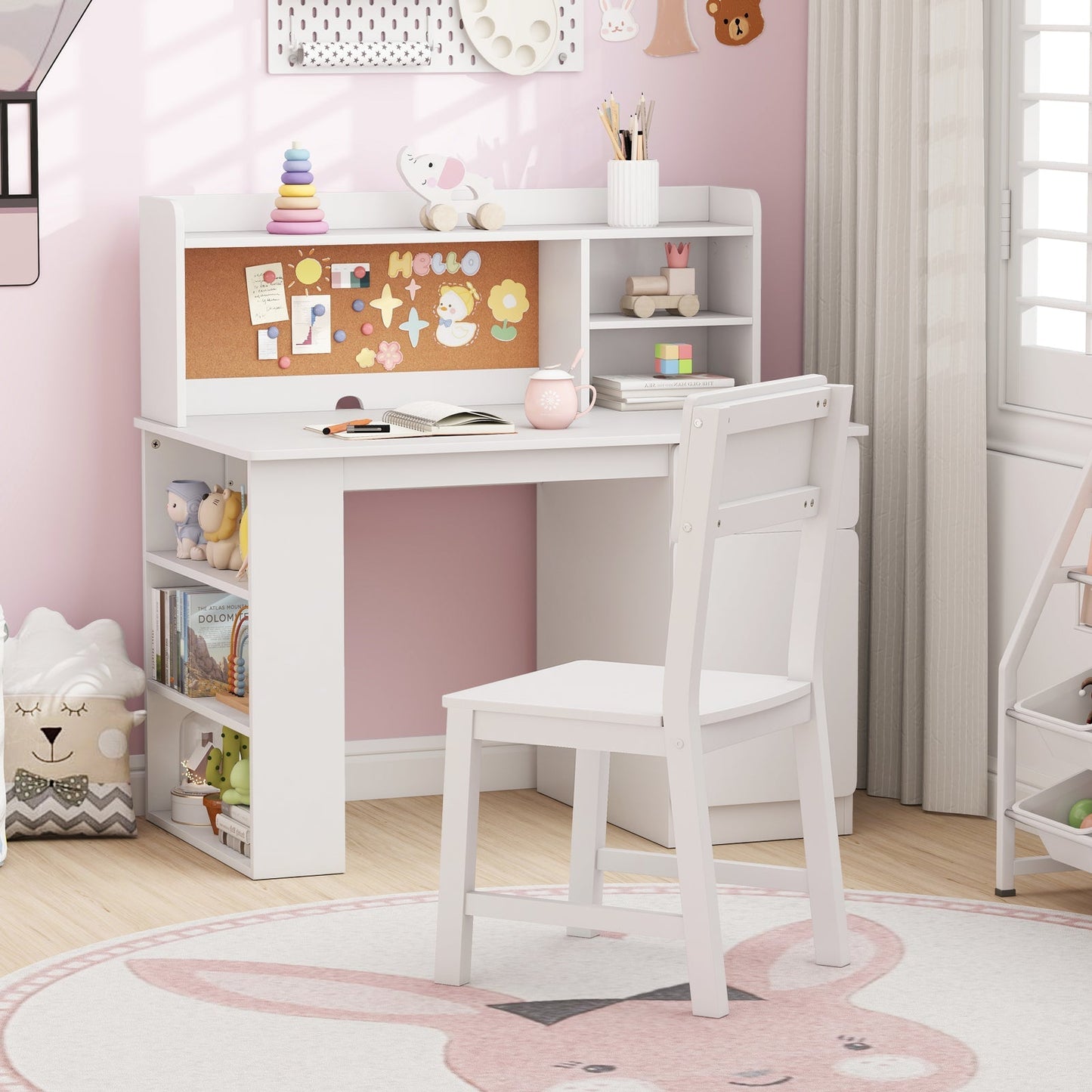 Kids Desk and Chair Set with Hutch and 3-Layer Side Shelf