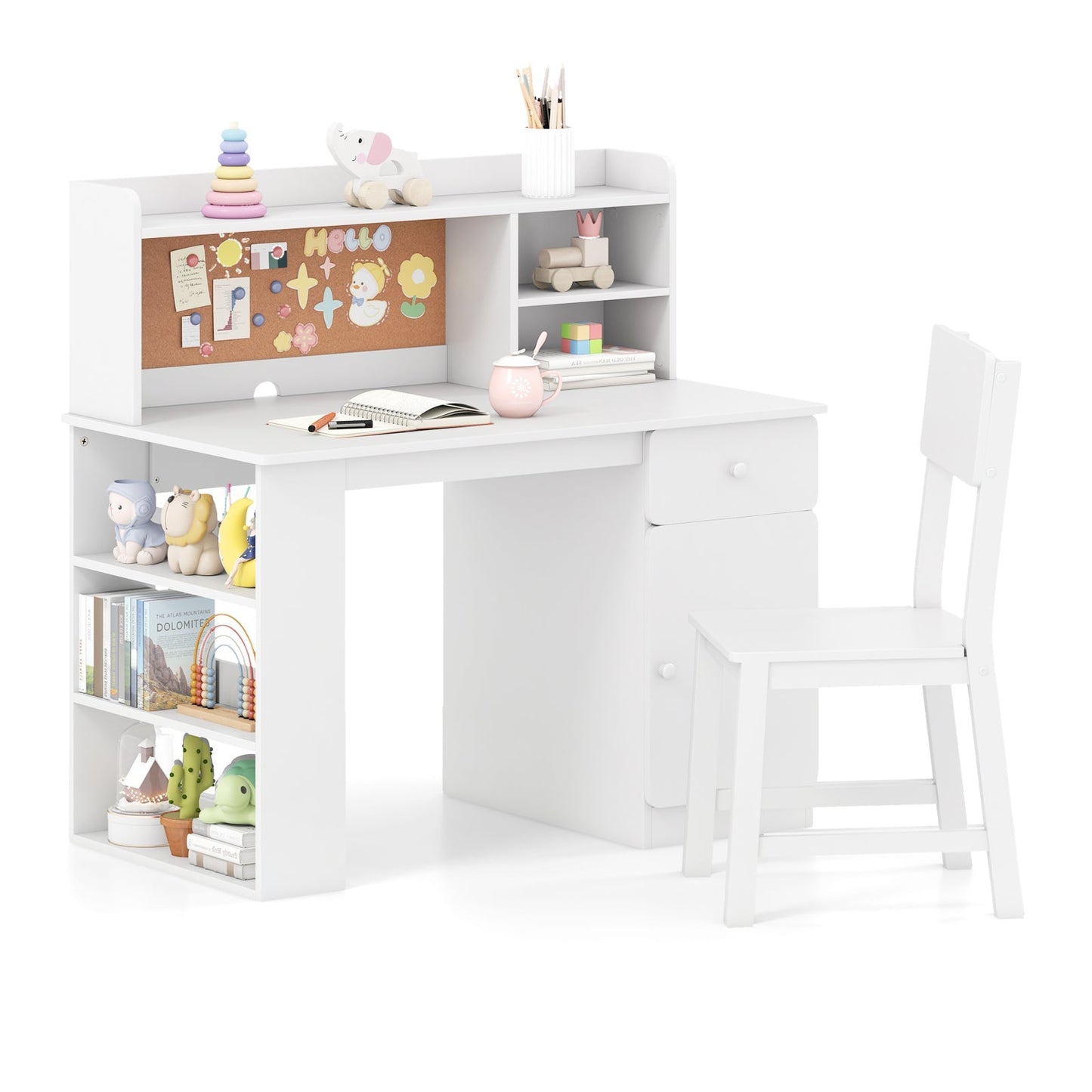 Kids Desk and Chair Set with Hutch and 3-Layer Side Shelf