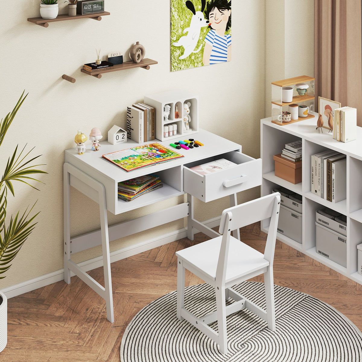 Kids Desk and Chair Set with Storage Drawer and Hutch-White