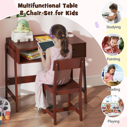 Kids Desk and Chair Set with Storage Drawer and Hutch-Brown