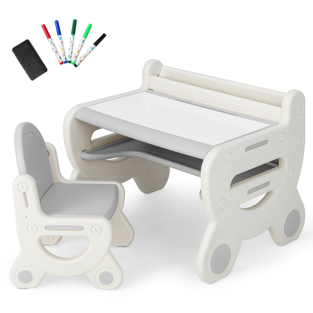Kids Drawing Table and Chair Set with Watercolor Pens and Blackboard Eraser