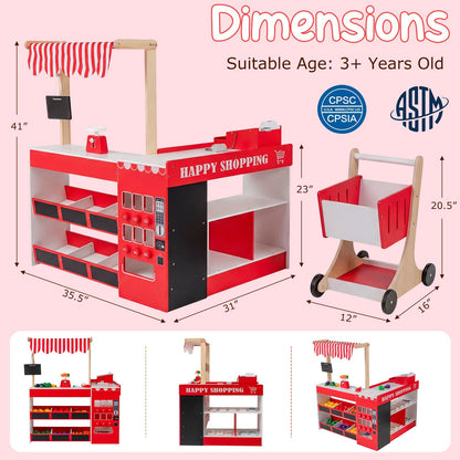 Kids Grocery Store Playset Wooden Pretend Play Supermarket with Shopping Cart