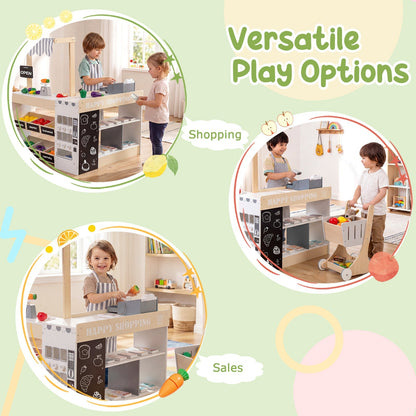 Kids Grocery Store Playset Wooden Pretend Play Supermarket with Shopping Cart