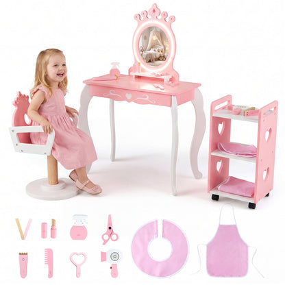 Kids Hair Salon Play Set with LED Lighted Mirror Wooden Pretend Hair Salon Station with Swivel Barber Chair