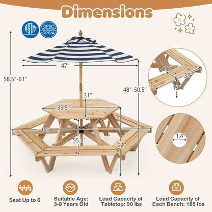 Kids Hexagonal Picnic Table with Umbrella and 6 Benches