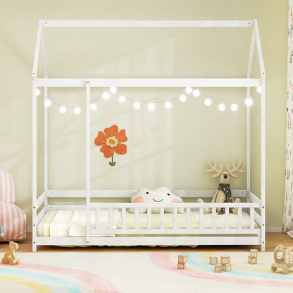 Twin Size Kids House Bed Wooden Floor Bed with Roof and Full-length Safety Guardrail-White