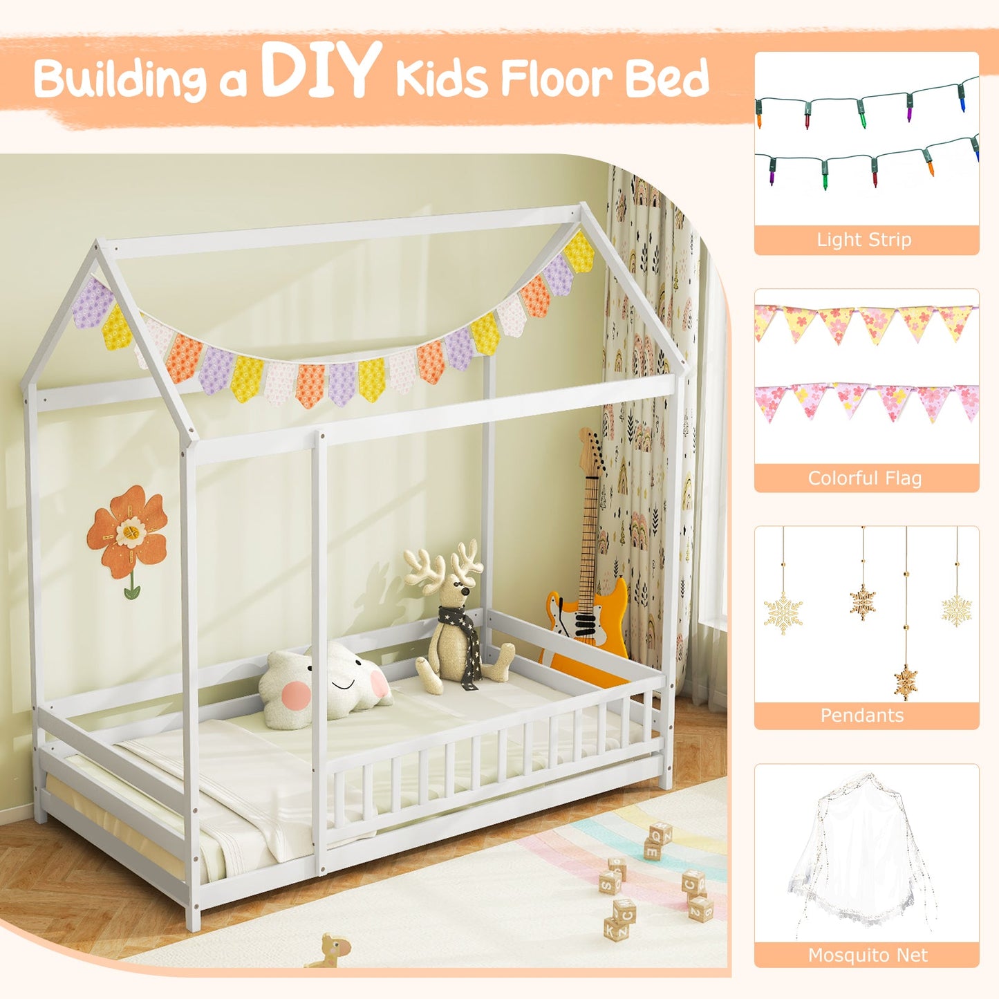 Twin Size Kids House Bed Wooden Floor Bed with Roof and Full-length Safety Guardrail-White