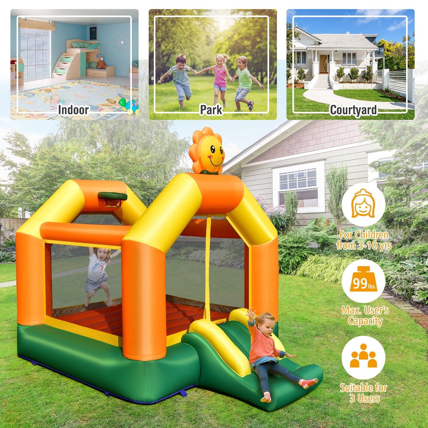Kids Inflatable Bounce House with Slide and Basketball Rim with 735W Blower