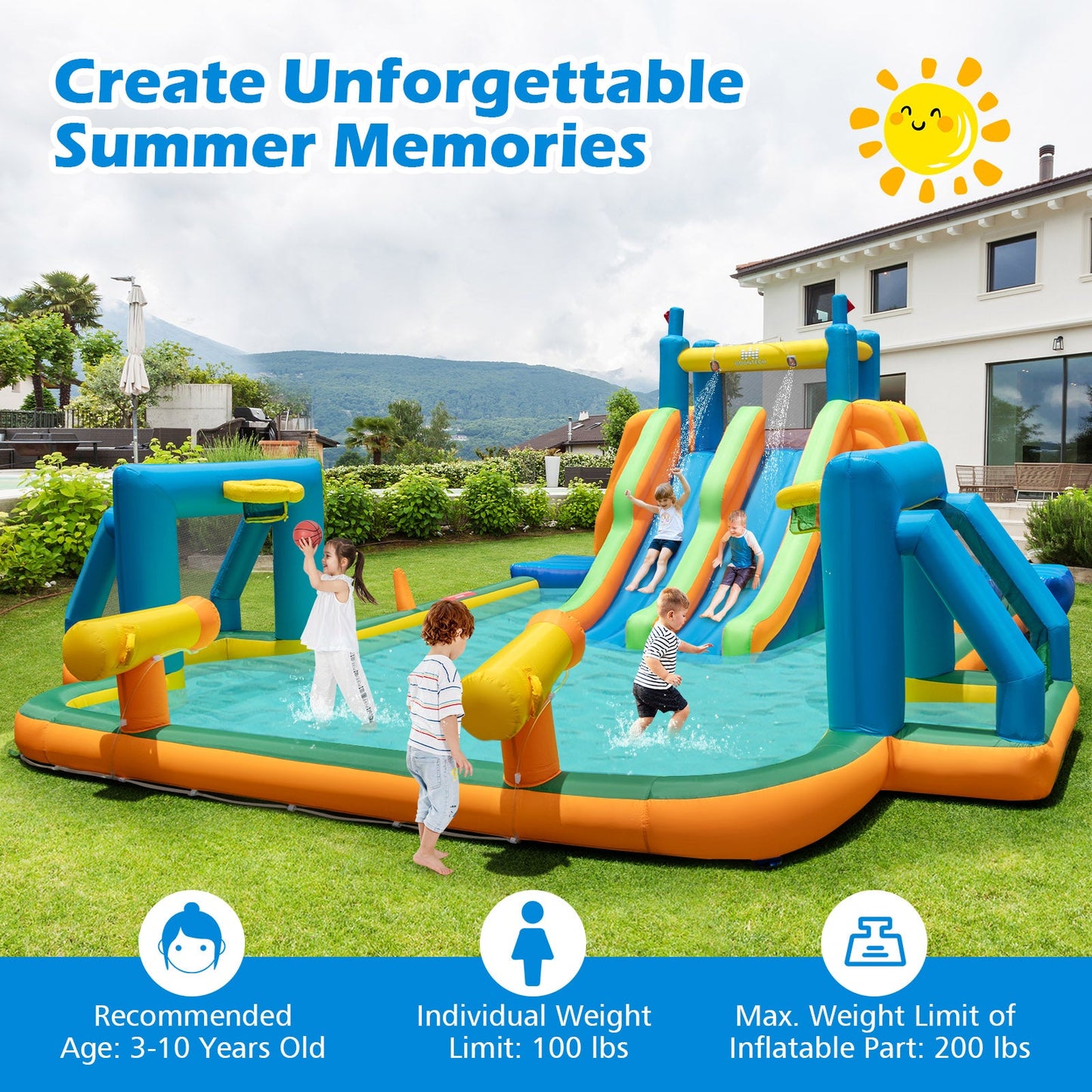 Kids Inflatable Water Slide with 2 Long Slides and 2 Soccer Gates with 1100W Blower
