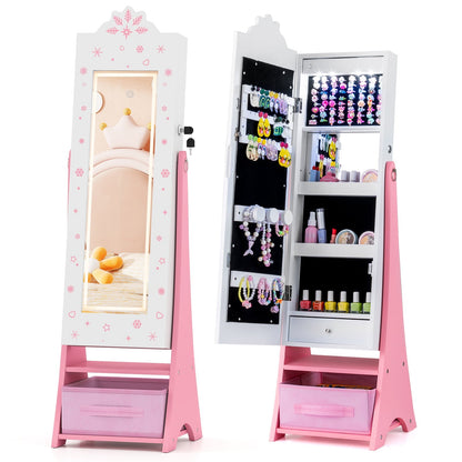 Kids Jewelry Armoire Freestanding Jewelry Cabinet with 3-Color Lighted Full Length Mirror