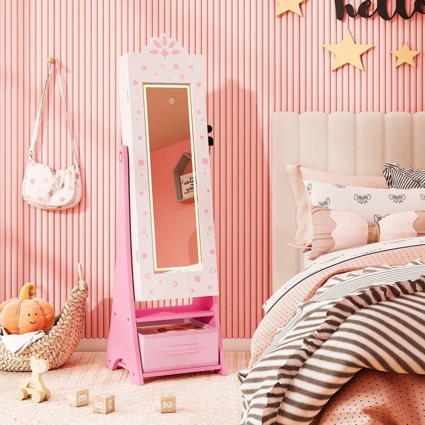 Kids Jewelry Armoire Freestanding Jewelry Cabinet with 3-Color Lighted Full Length Mirror