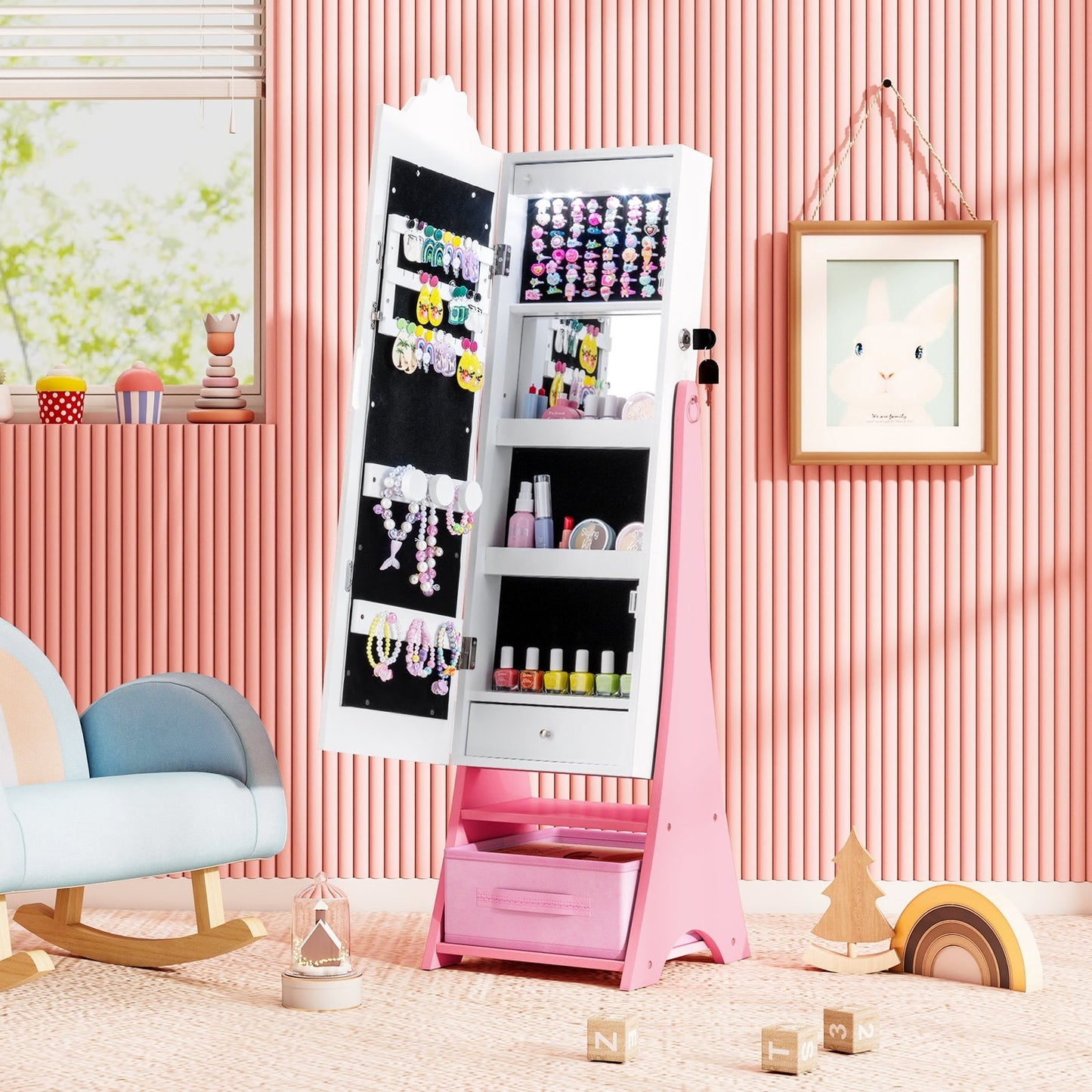 Kids Jewelry Armoire Freestanding Jewelry Cabinet with 3-Color Lighted Full Length Mirror