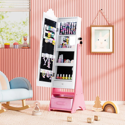 Kids Jewelry Armoire Freestanding Jewelry Cabinet with 3-Color Lighted Full Length Mirror