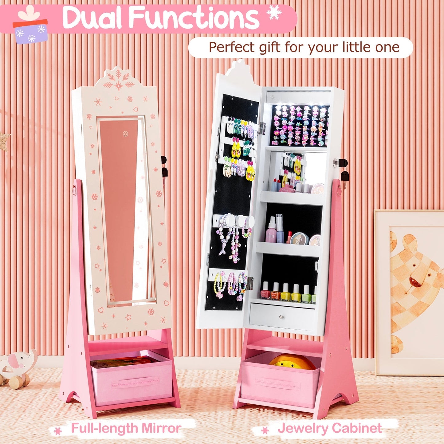 Kids Jewelry Armoire Freestanding Jewelry Cabinet with 3-Color Lighted Full Length Mirror