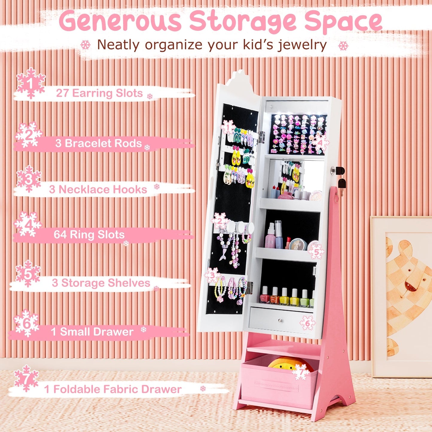 Kids Jewelry Armoire Freestanding Jewelry Cabinet with 3-Color Lighted Full Length Mirror