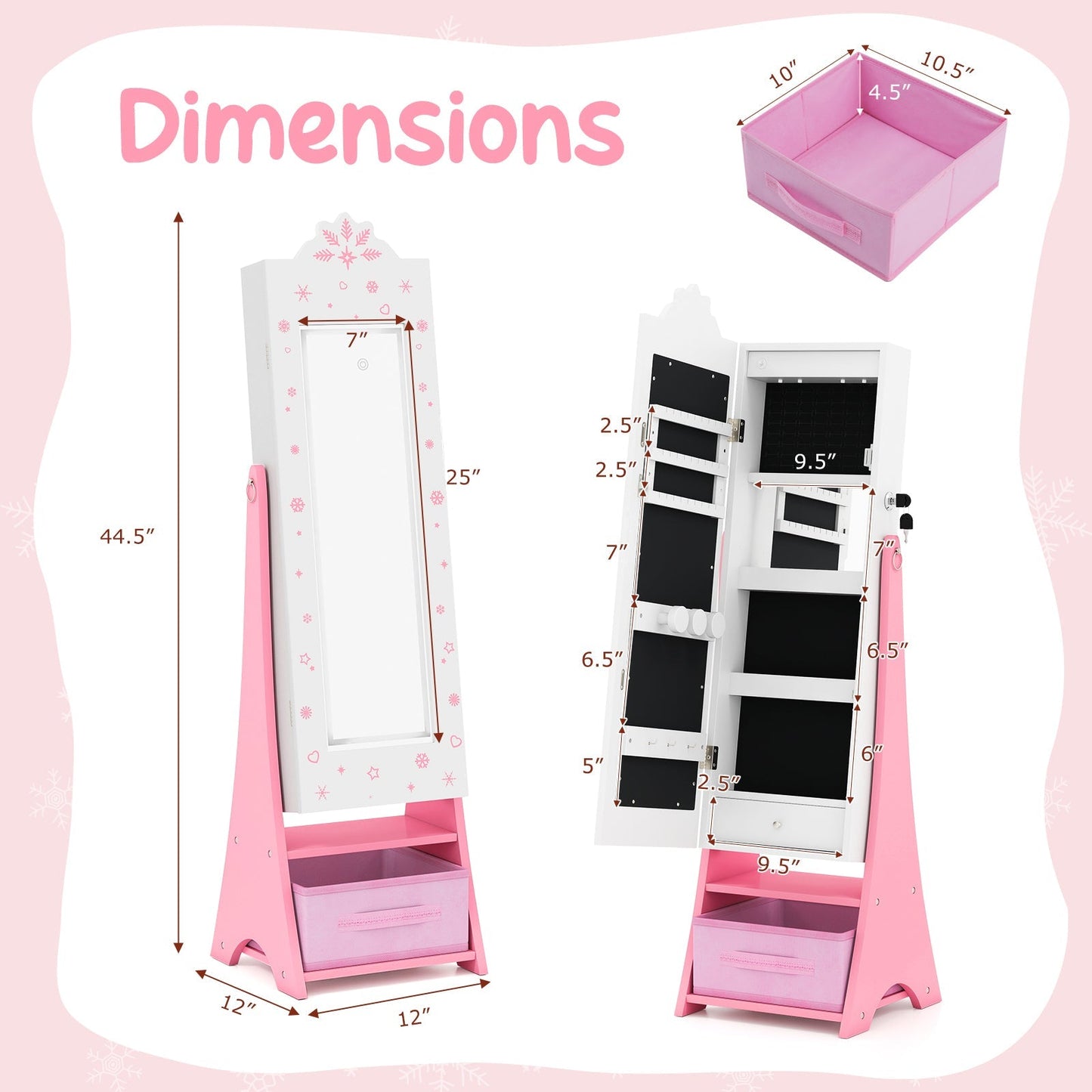 Kids Jewelry Armoire Freestanding Jewelry Cabinet with 3-Color Lighted Full Length Mirror