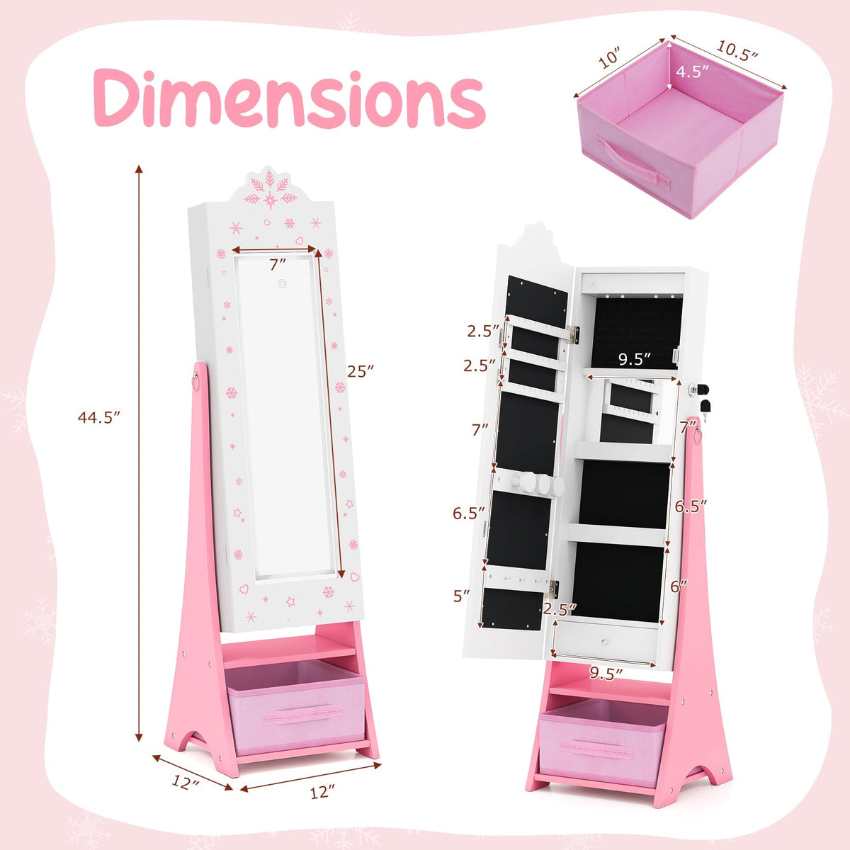 Kids Jewelry Armoire Freestanding Jewelry Cabinet with 3-Color Lighted Full Length Mirror