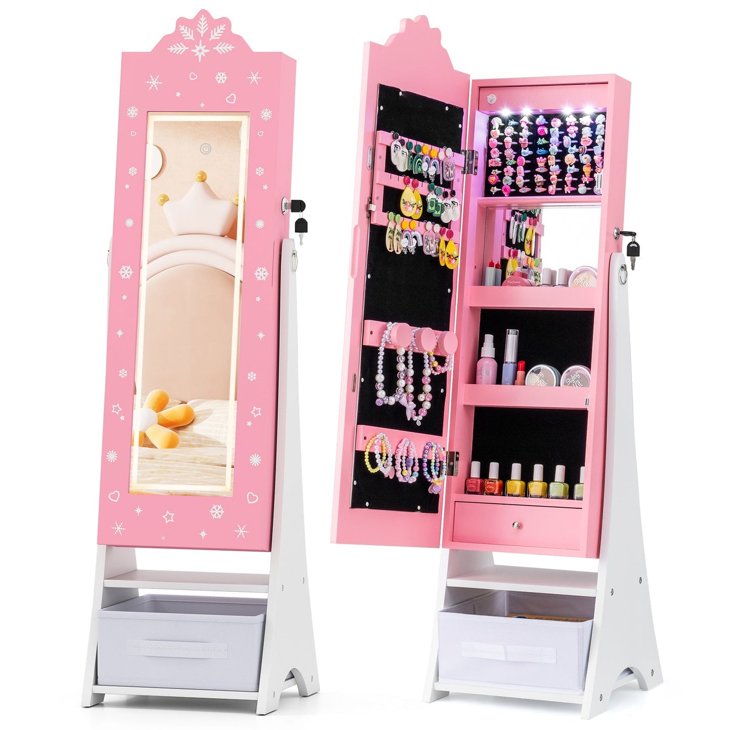 Kids Jewelry Armoire Freestanding Jewelry Cabinet with 3-Color Lighted Full Length Mirror