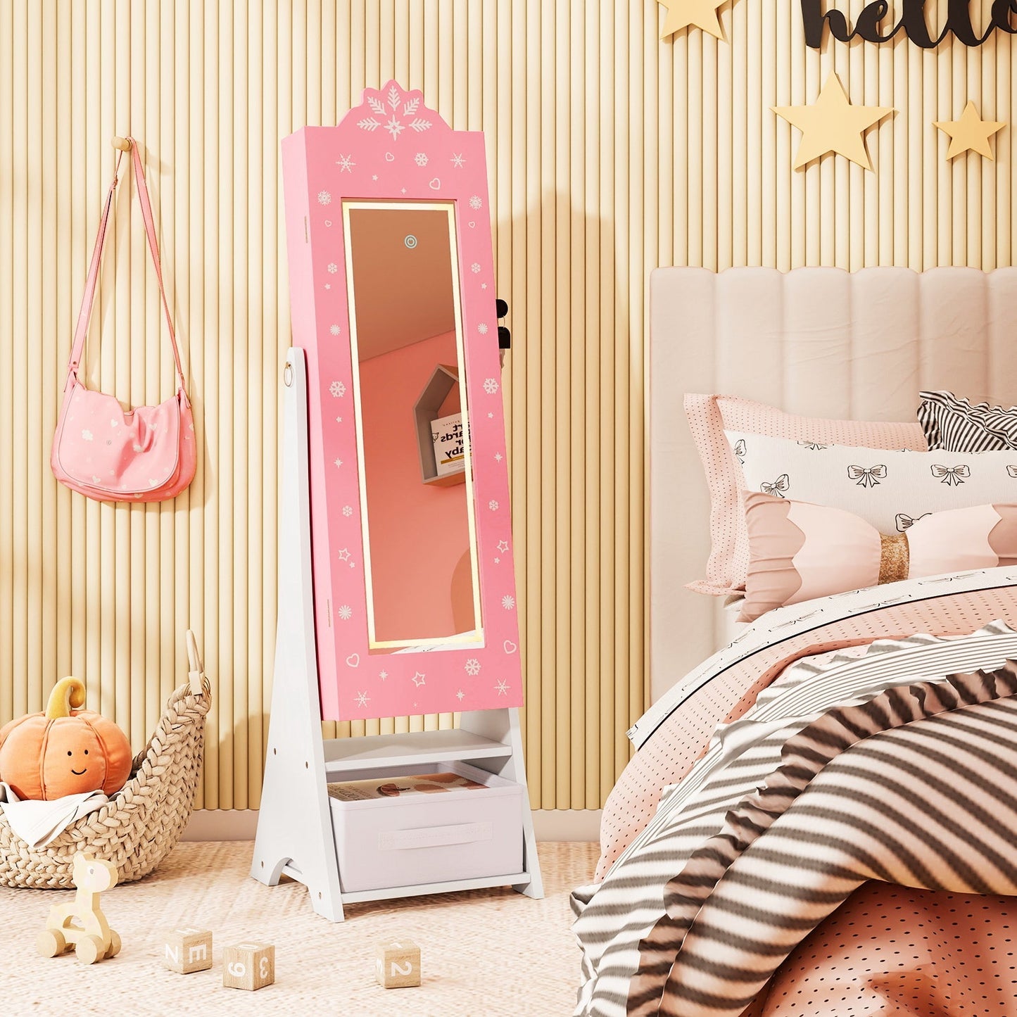 Kids Jewelry Armoire Freestanding Jewelry Cabinet with 3-Color Lighted Full Length Mirror