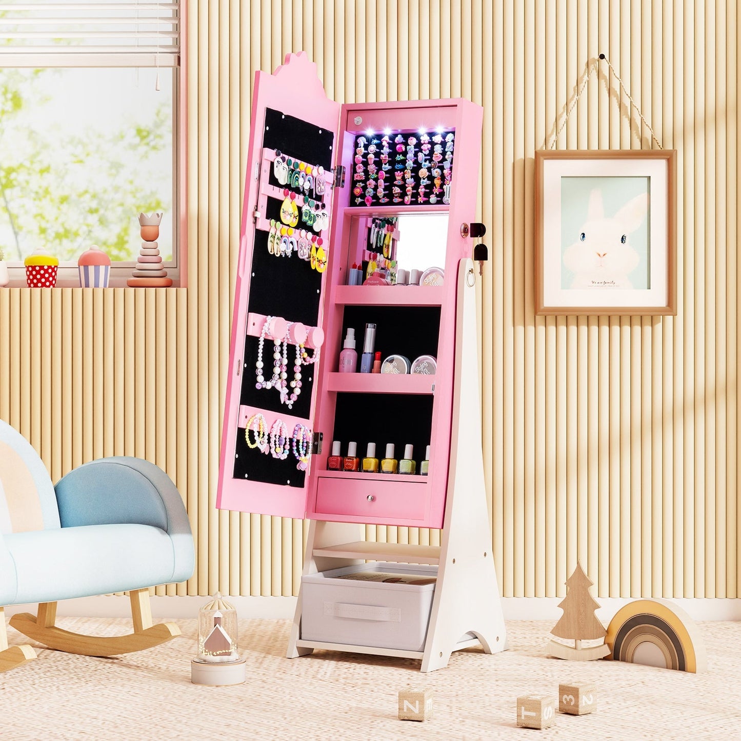 Kids Jewelry Armoire Freestanding Jewelry Cabinet with 3-Color Lighted Full Length Mirror