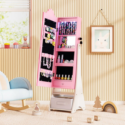 Kids Jewelry Armoire Freestanding Jewelry Cabinet with 3-Color Lighted Full Length Mirror