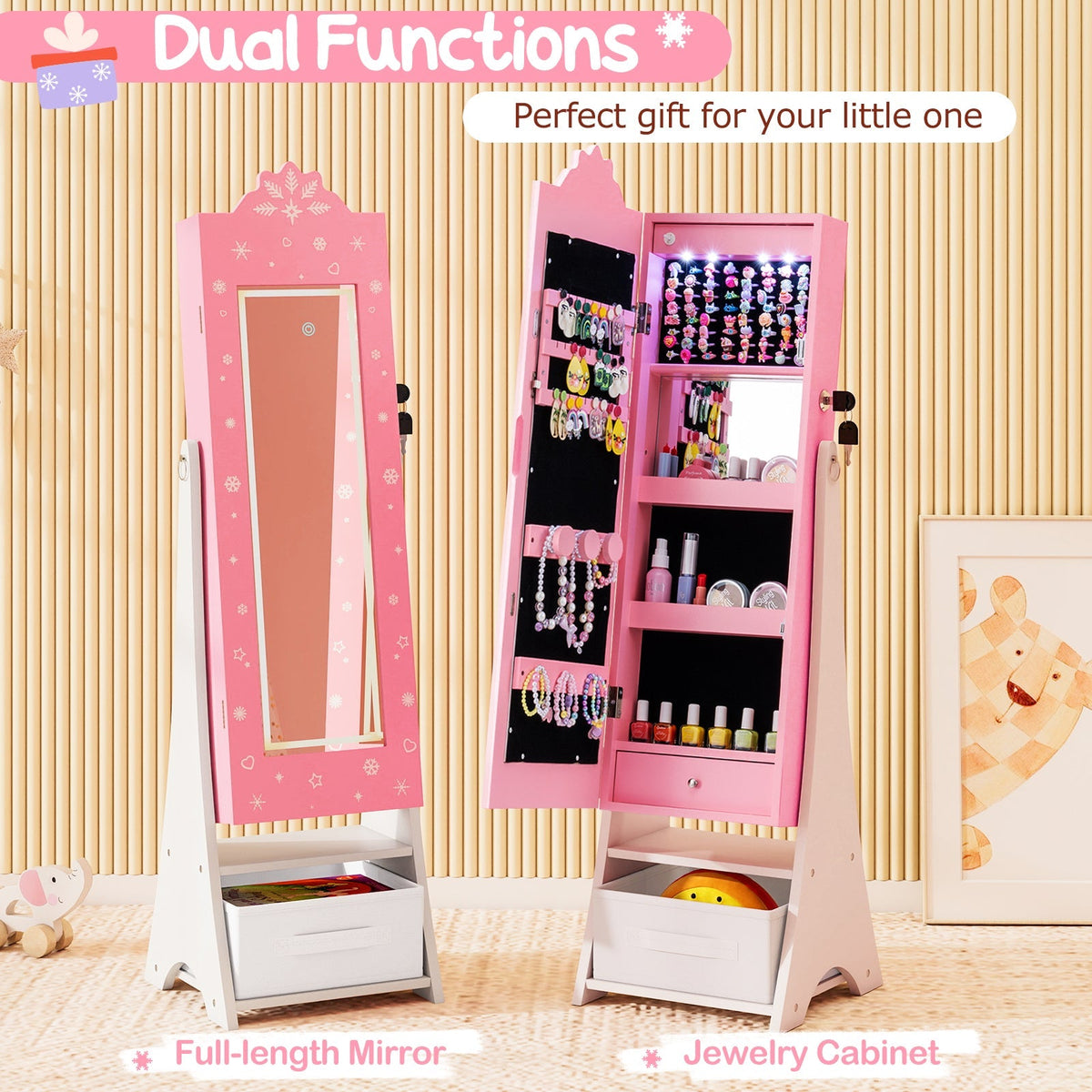 Kids Jewelry Armoire Freestanding Jewelry Cabinet with 3-Color Lighted Full Length Mirror
