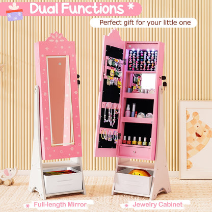 Kids Jewelry Armoire Freestanding Jewelry Cabinet with 3-Color Lighted Full Length Mirror