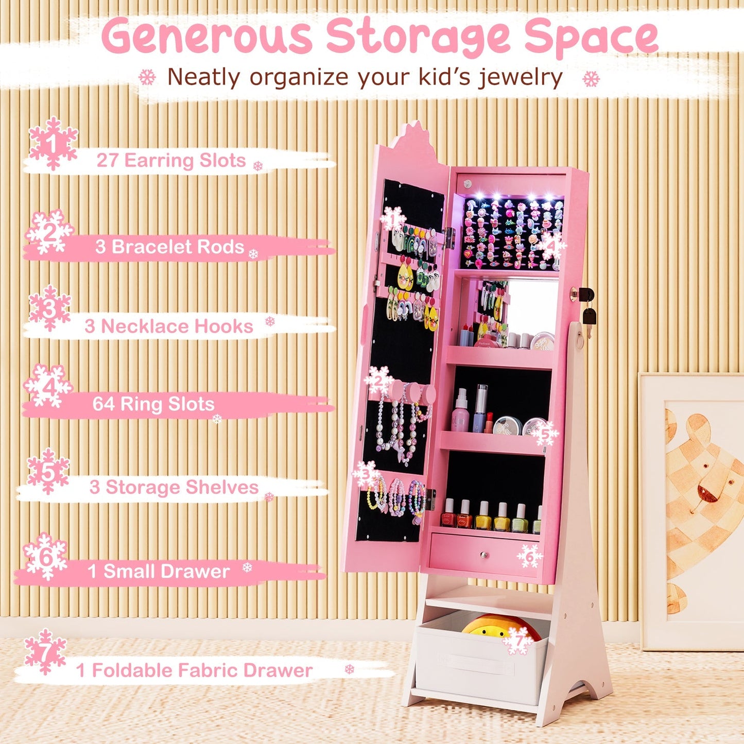 Kids Jewelry Armoire Freestanding Jewelry Cabinet with 3-Color Lighted Full Length Mirror
