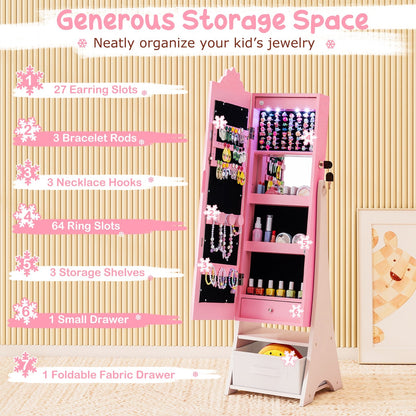 Kids Jewelry Armoire Freestanding Jewelry Cabinet with 3-Color Lighted Full Length Mirror