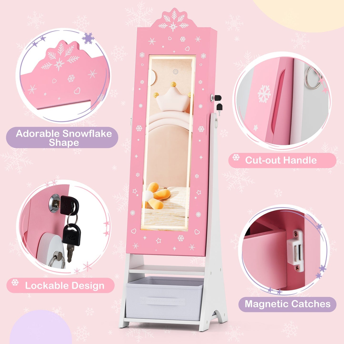 Kids Jewelry Armoire Freestanding Jewelry Cabinet with 3-Color Lighted Full Length Mirror
