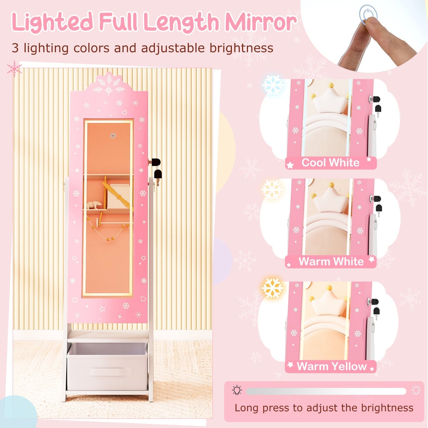 Kids Jewelry Armoire Freestanding Jewelry Cabinet with 3-Color Lighted Full Length Mirror
