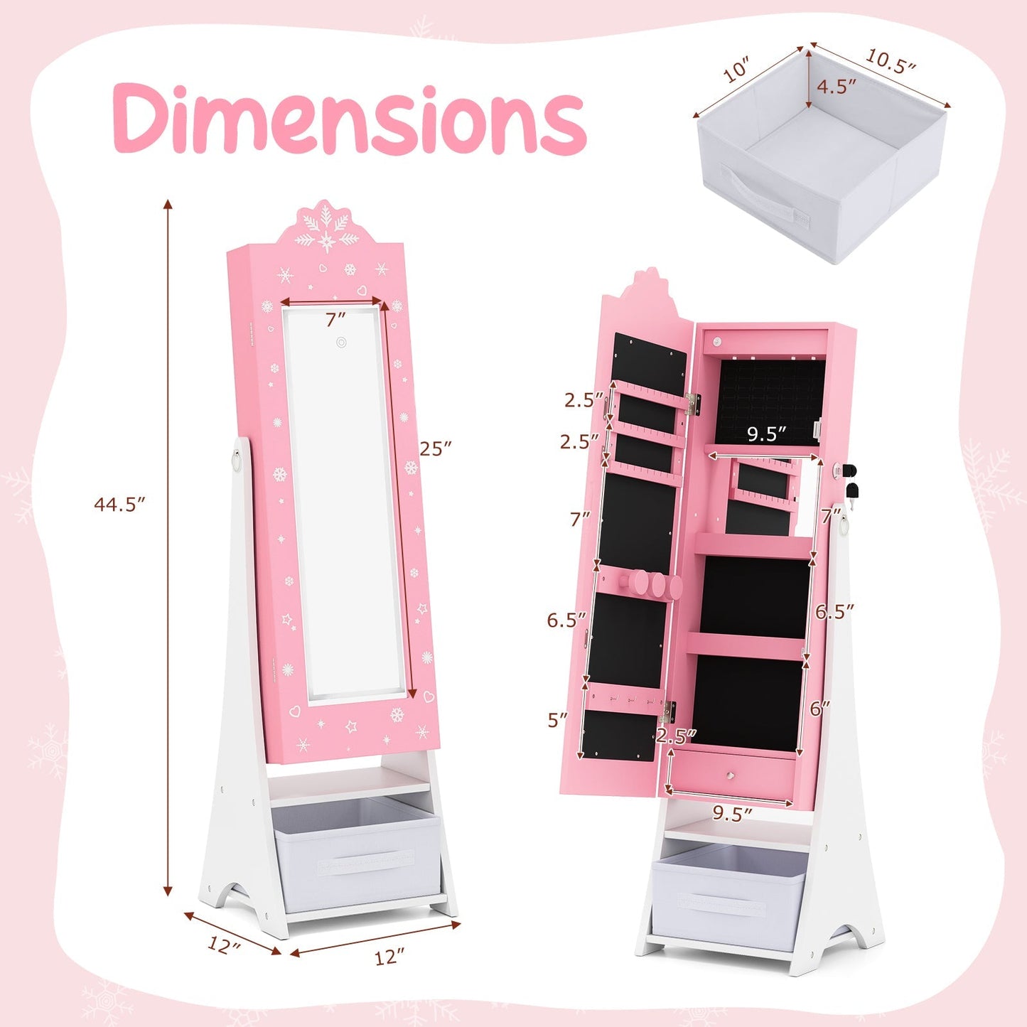 Kids Jewelry Armoire Freestanding Jewelry Cabinet with 3-Color Lighted Full Length Mirror